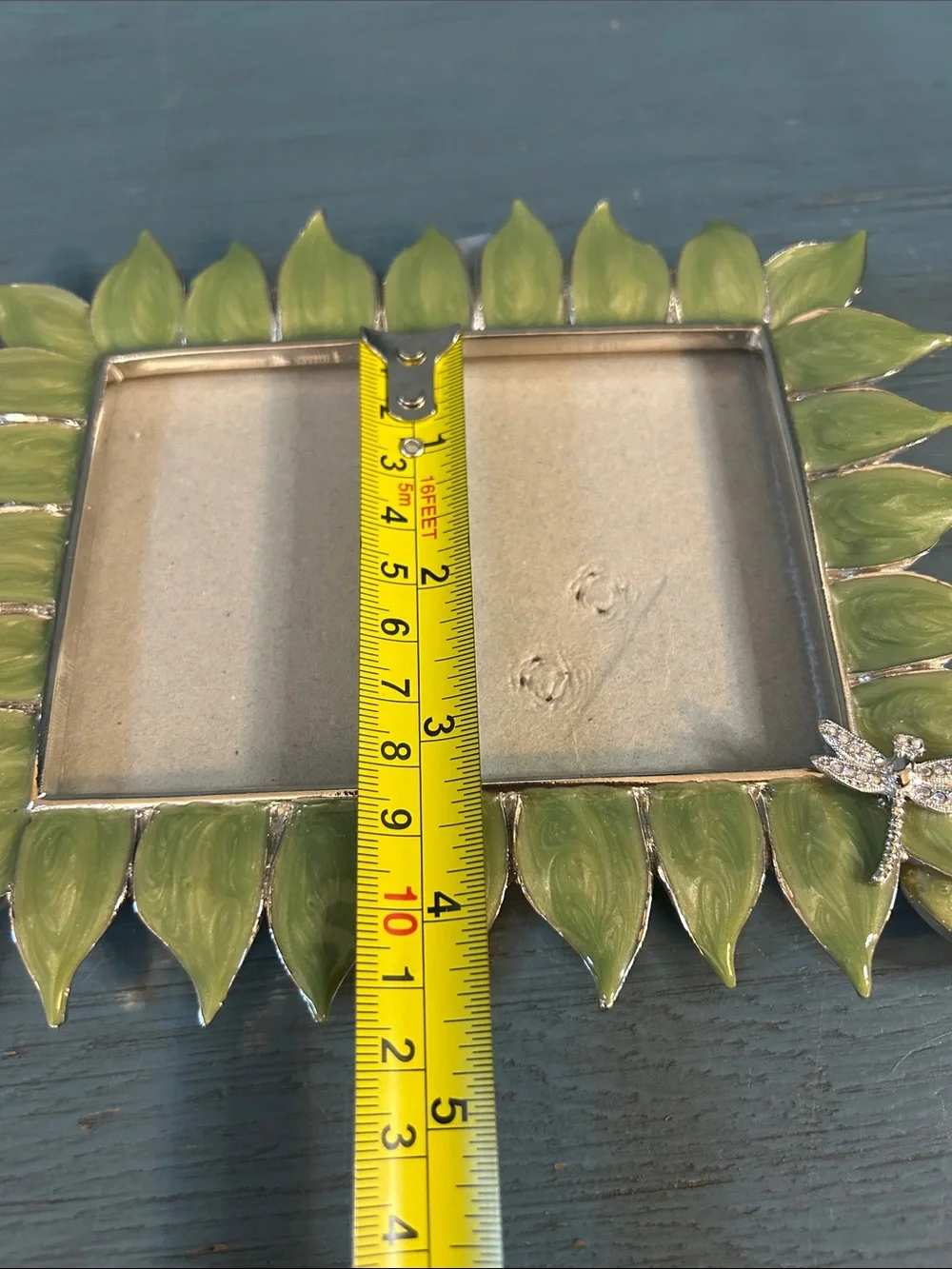 DSG Enamel Green Leaf Picture Frame with Silver Dragonfly Detail | 6x7” Inches